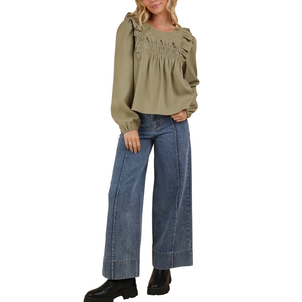Very J New In Ruffle Smocked Blouse Womens Large Olive Green Long Sleeve Boho - Picture 14 of 14